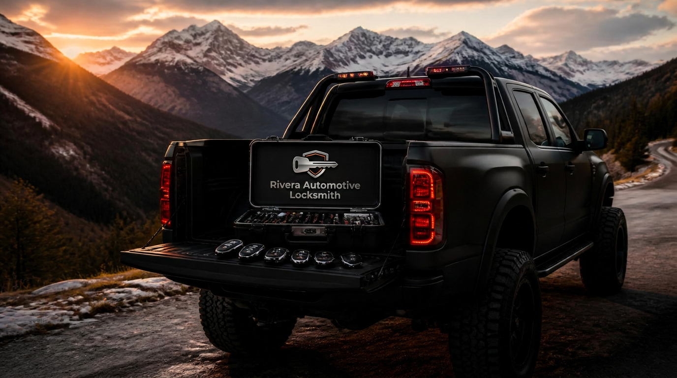 Matte black pickup truck at sunrise in the Colorado Rockies with locksmith equipment